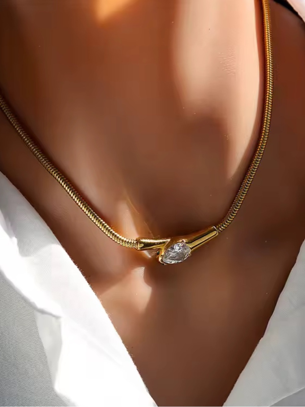 Minimalist Gold Snake Chain Necklace | Oval Crystal Pendant | Quiet Luxury